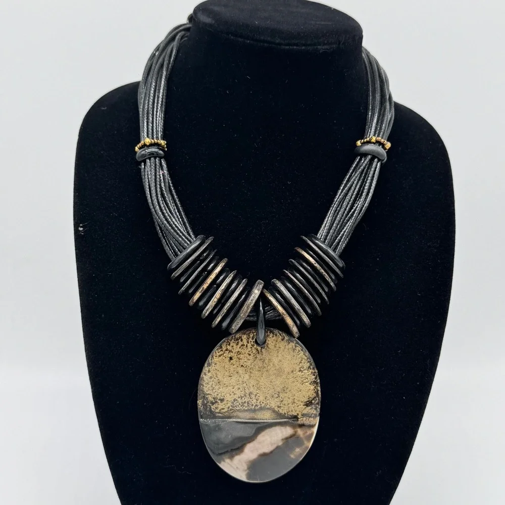 Vtg Modernist Multi Strand Cord Bib Necklace Gold Leaf Glazed Ceramic Disc Penda